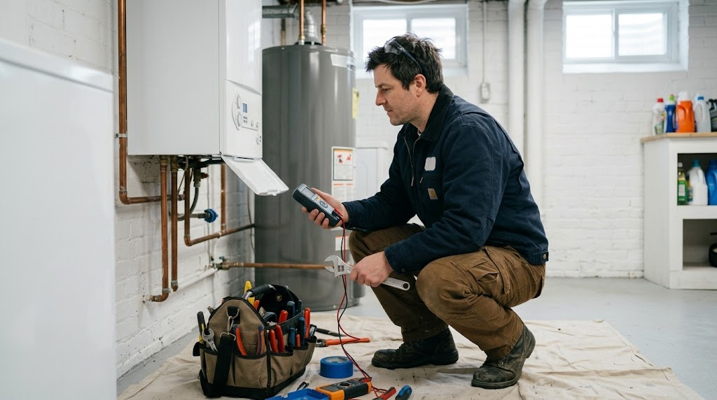Licensed technician servicing a residential gas heating boiler in a Whitestone, Queens basement