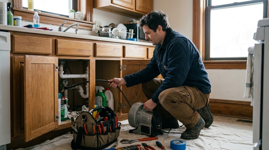 Technician operating motorized drain cleaning machine on a residential branch drain line in Whitestone