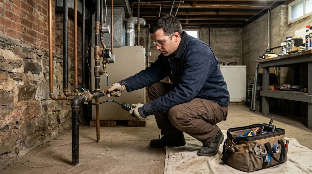 Licensed gas technician using electronic gas leak detector on threaded iron gas pipe in a Whitestone boiler room