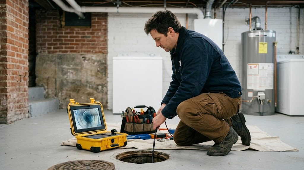 Plumbing technicians deploying camera inspection sonde to locate underground sewer pipe fault in Whitestone
