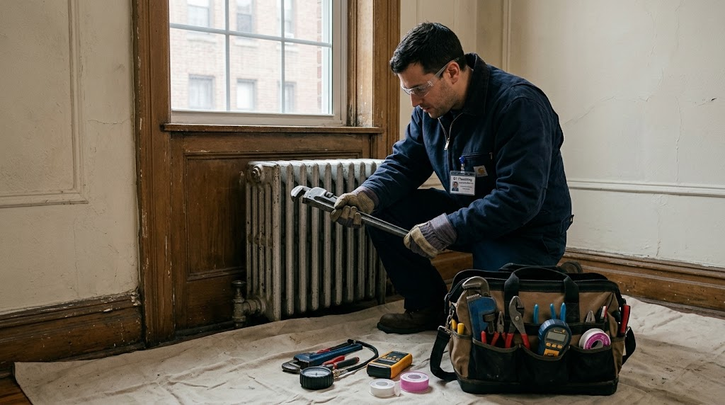 Heating technician servicing radiator valve and purging hydronic baseboard line in a Whitestone home