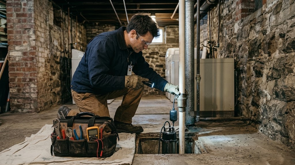 Plumber testing dual submersible sump pump system with emergency battery backup in a Whitestone cellar