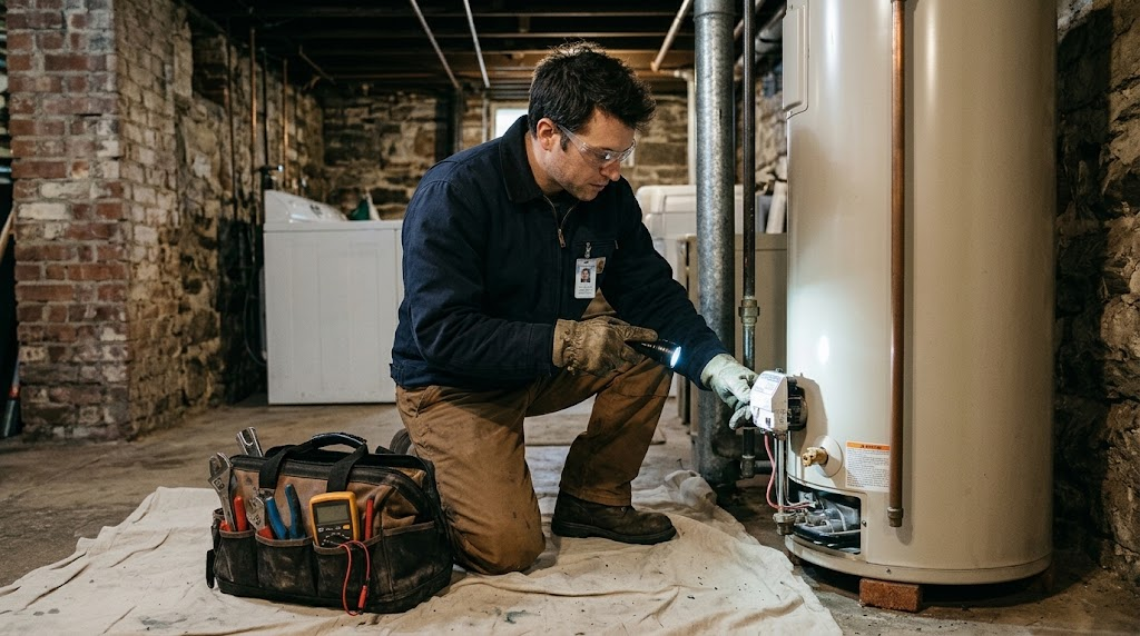 Technician testing gas burner pressure on a residential water heater in a Whitestone, Queens basement